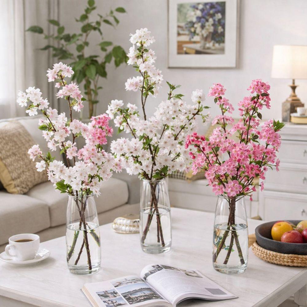 With Leaves Artificial Cherry Blossom Long Simulation Cherry Blossom Fake Flower  Garden Decor