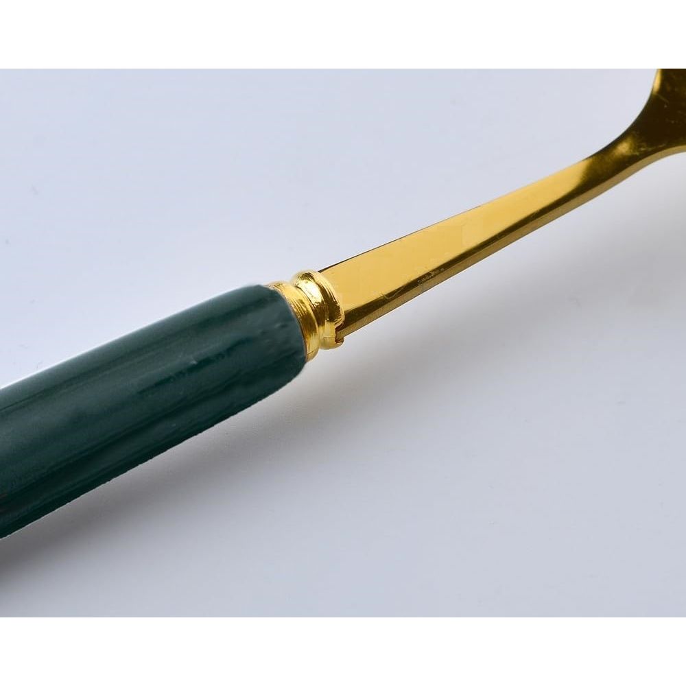 Golden Small Spoons Set with Green Ceramic Glossy Handle for Restaurant Cutlery Dinner Table Oval Shape Serving Spoon