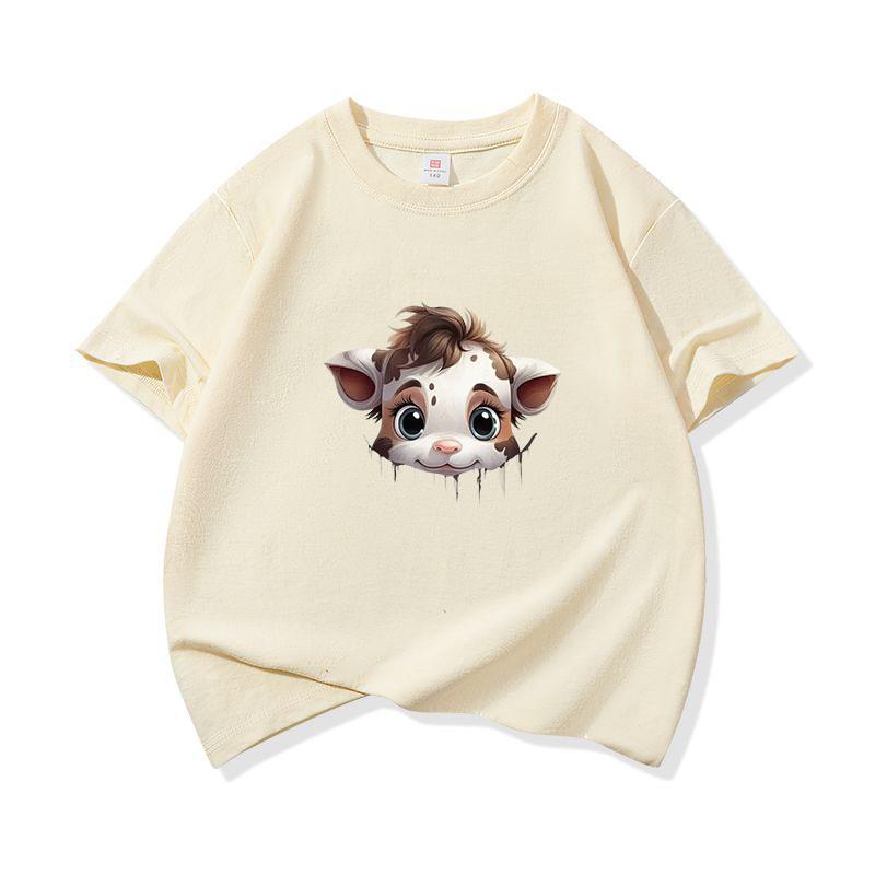 Kids Cotton T Shirt Light Spotted Baby Cow Peeking Print Crew Neck Short Sleeve Tee Casual Boys Girls Summer Tops
