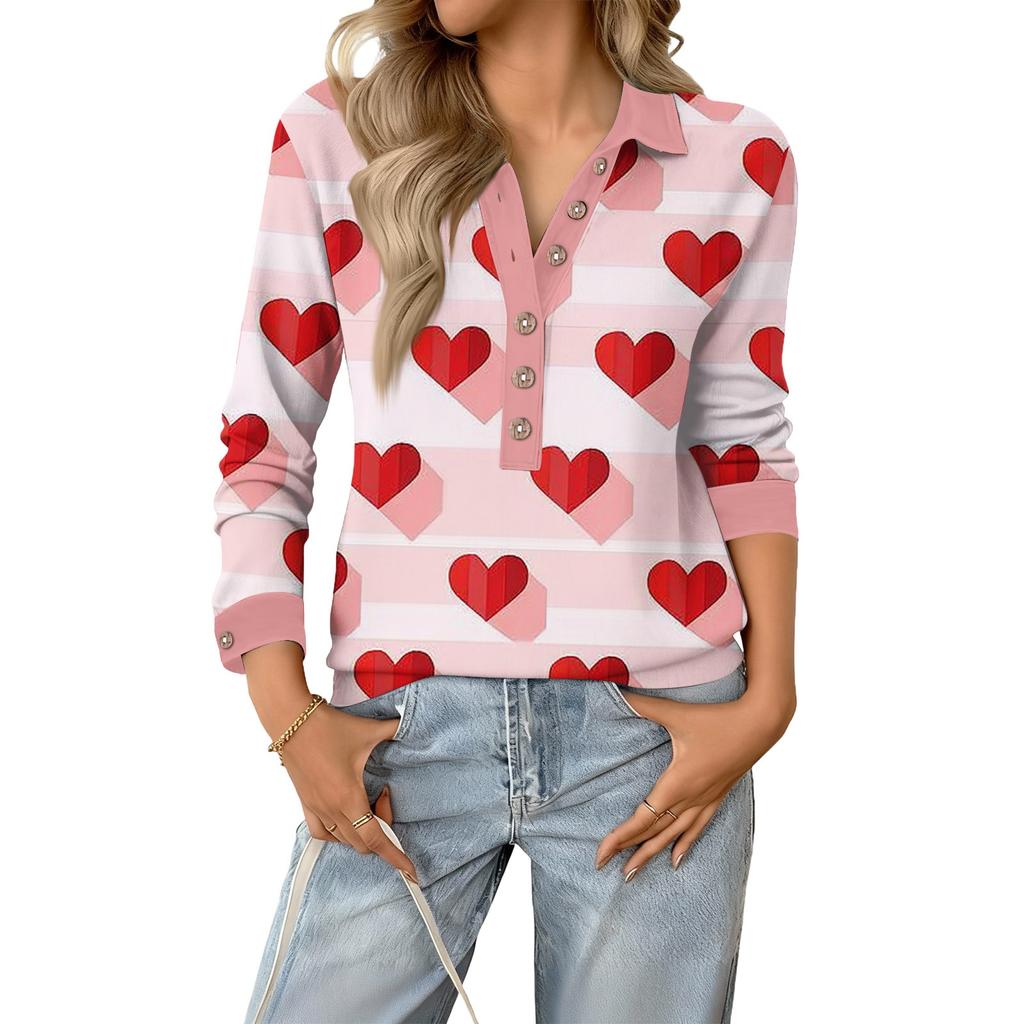 Damen Retro Street Lässiger V-Ausschnitt Langarm Knopf Valentinstag Herz Pullover Top