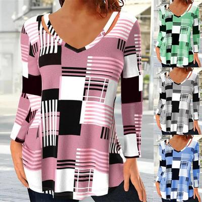 T-shirt con scollo a V da donna Moda estiva Stampa a quadretti Camicia a maniche lunghe T-shirt oversize da strada Harajuku T-shirt allentata 5xl Abbigliamento femminile