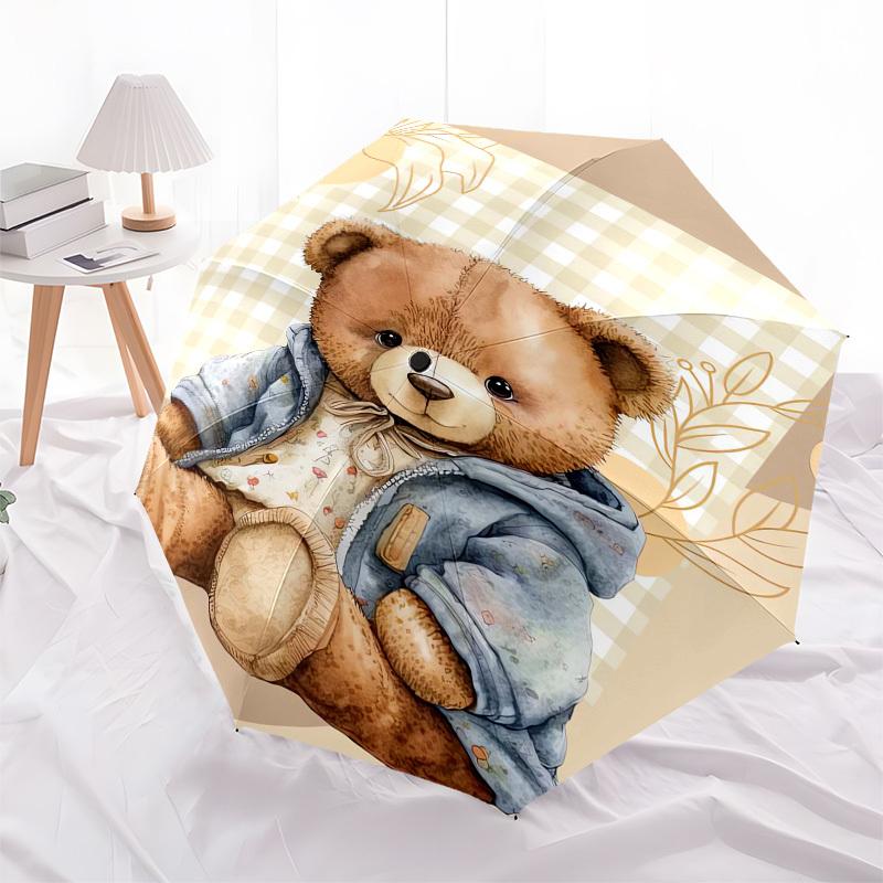 1pc Cute Teddy Bear with Plaid Background Umbrella with Plastic Handle,Compact & Stylish,Cartoon Pattern,Outdoor UmbrellaPT381