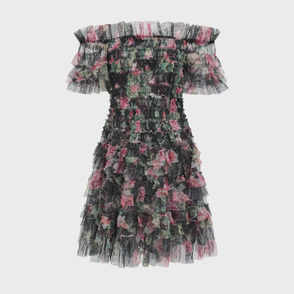 Middle Eastern Floral One-Shoulder Short Dress, Fresh and Sweet Commuter Style with Popular Embroidered Design