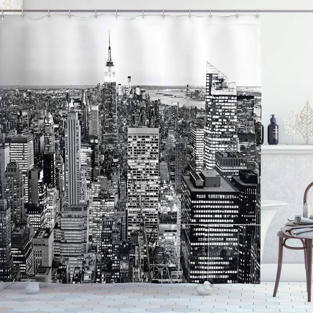 Cityscape Shower Curtain, Modern Skyscraper Skyline Famous Building Bathroom Curtain Waterproof Fabric Shower Curtain With Hooks