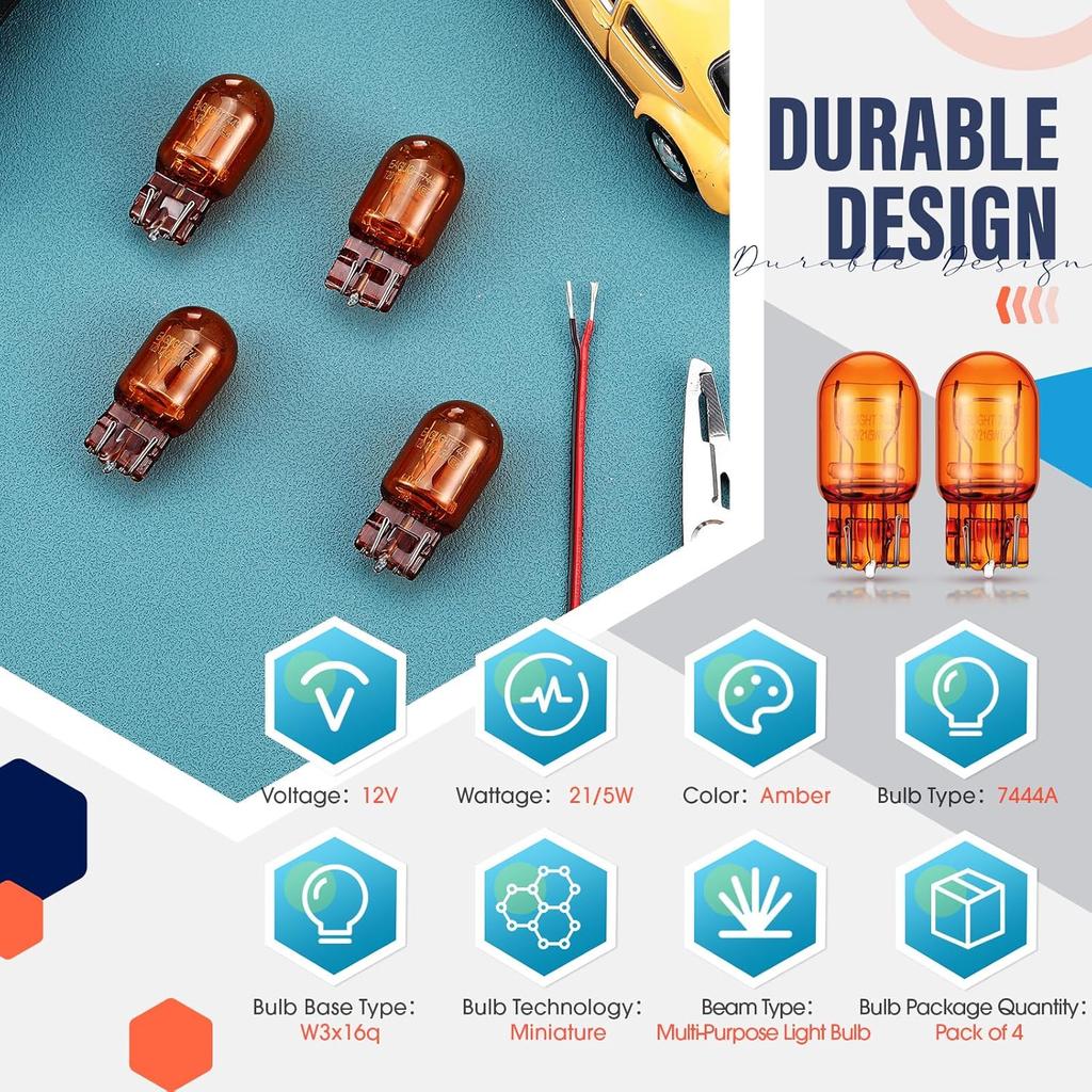 4 Pack 7444NA LED Bulbs 7444NA Long Life Miniature Bulbs Amber T20 12v 21/5w Automotive Lighting Reverse Lights Strobe Brake Backup Tail Turn Signal