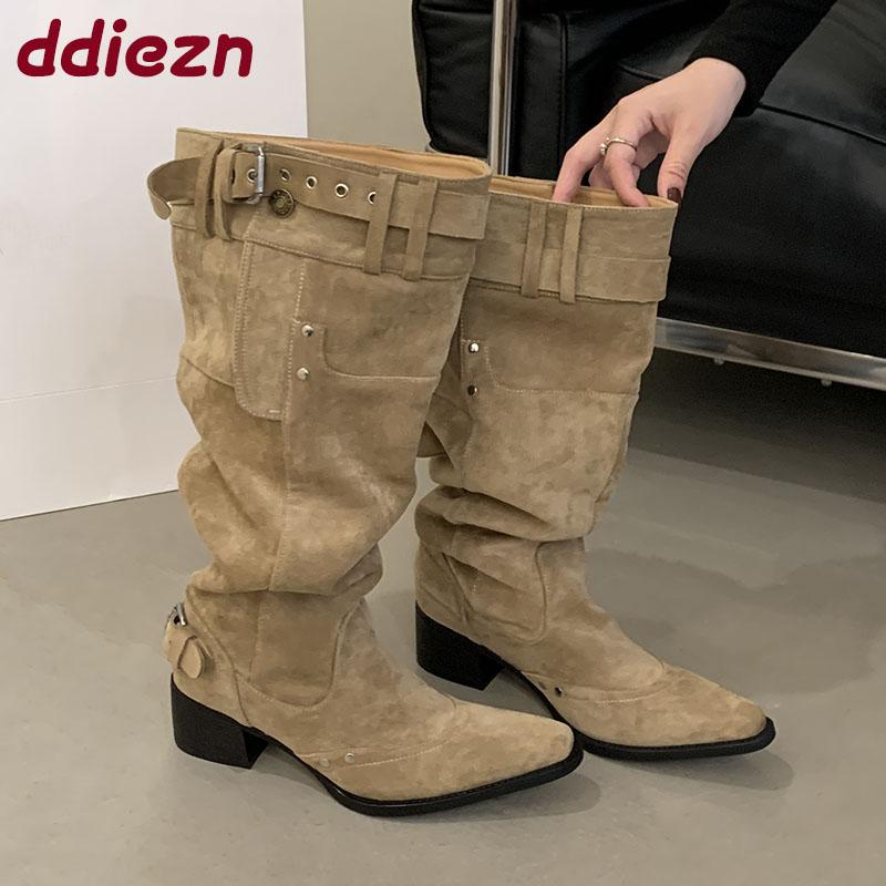 Fashion 2025 New Fashion Pointed Toe Women Knee High Boots With Heels Shoes Female Slip On Footwear Ladies Long Western Booties Shoes