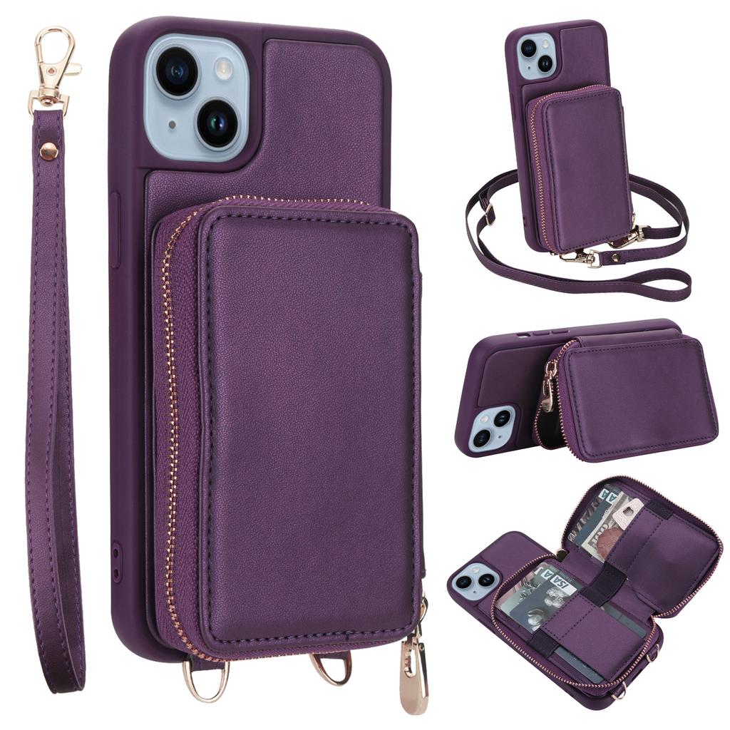For iPhone 14/13 Case RFID Blocking Zipper Wallet Leather + TPU Phone Cover with Shoulder Strap
