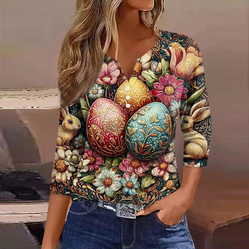 Women's Fashion Casual Easter Printed V-neck Short Sleeve Decorative Button Seven Sleeve T-shirt Top