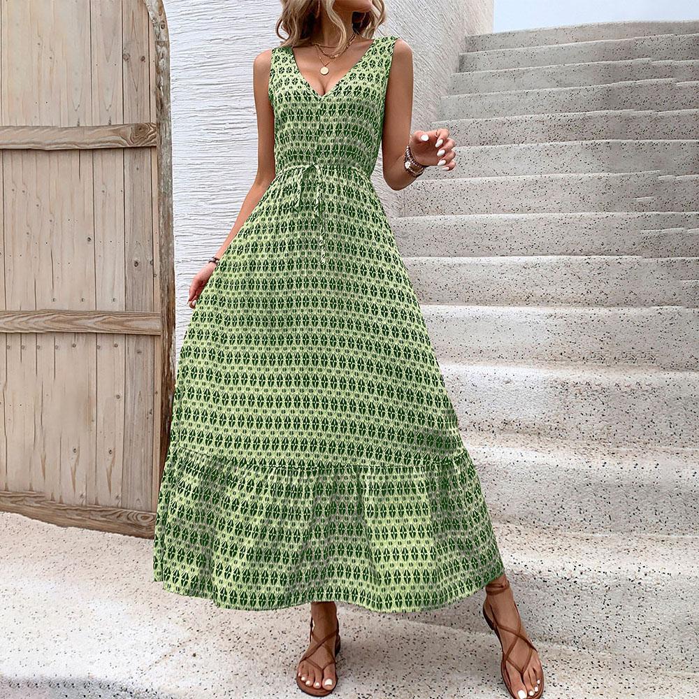 Women's Spring Summer  Lace Up Print Color High Waist Sleeveless Pleated Dress
