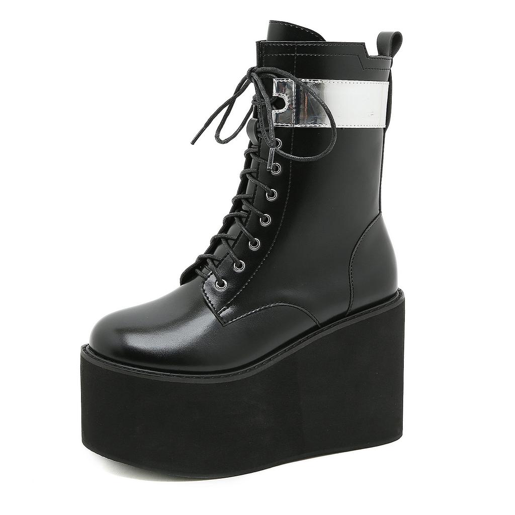 Women Lace Up Martin Boots Metal Leather Splice Chunky Heel Platform Side Zipper High Heel Ankle Boots