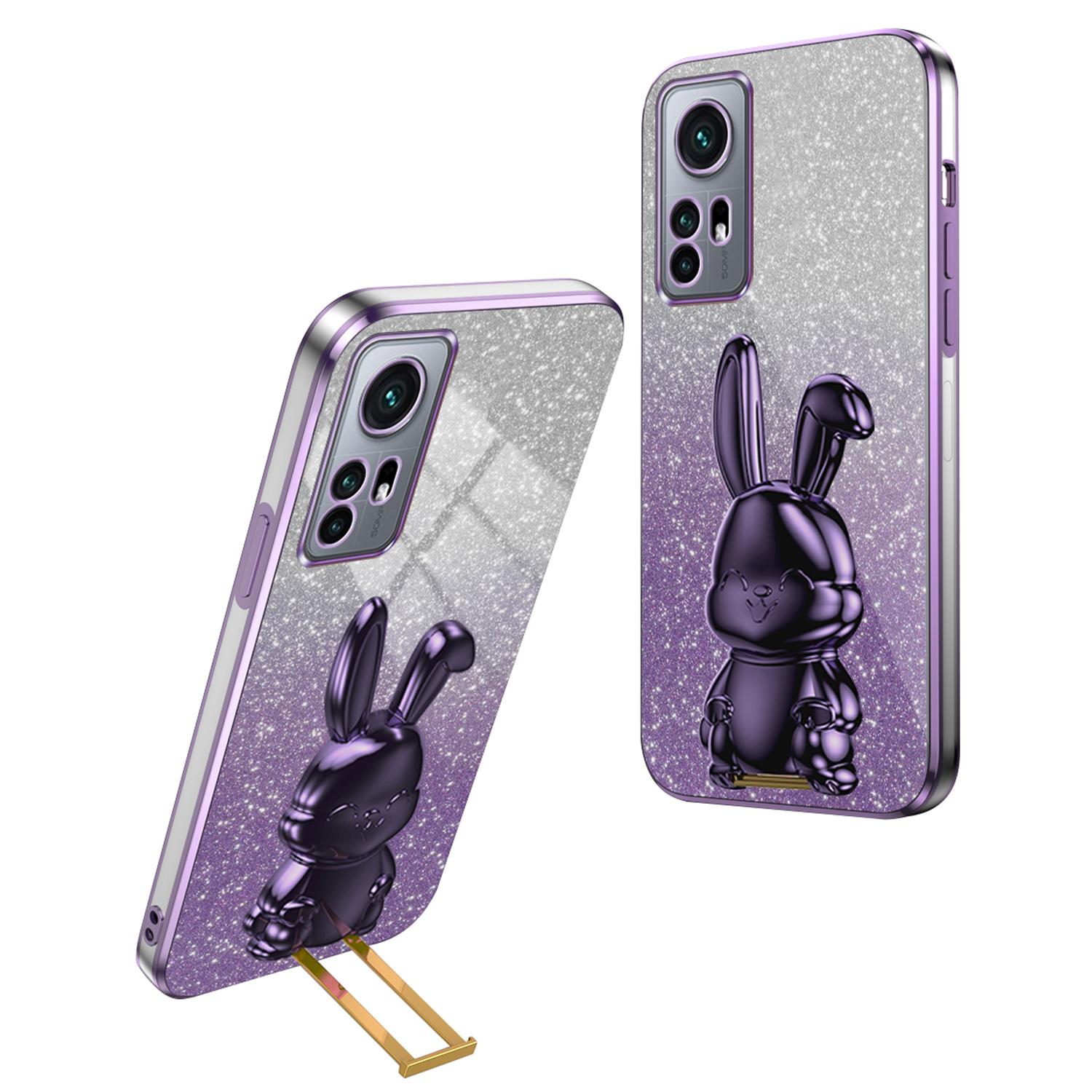 

For Xiaomi 12 Pro 5G/12S Pro 5G/12 Pro (Dimensity) 5G PC+TPU Phone Case Cute Rabbit Pull-out Kickstand Cover Purple