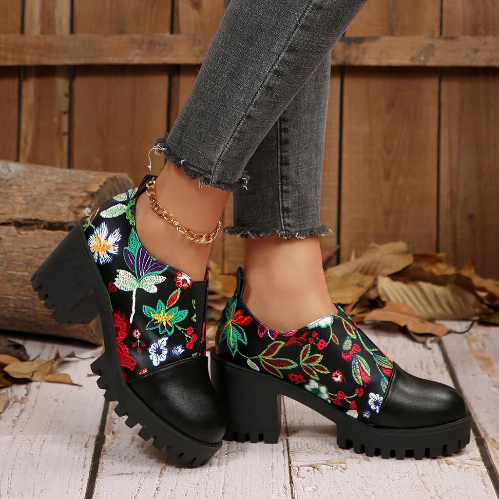 Women High Heel Pumps Trend Casual Heels Female Flower Leather Women Shoes 2025 Autumn New High Heels Zapatos De Mujer