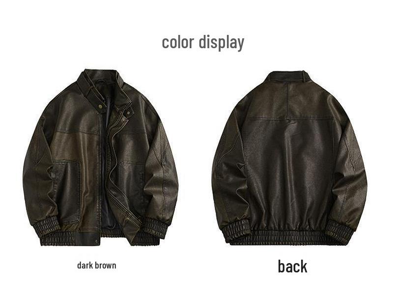 Men's Retro Cool PU Leather Bomber Jacket with Buckle Stand Collar