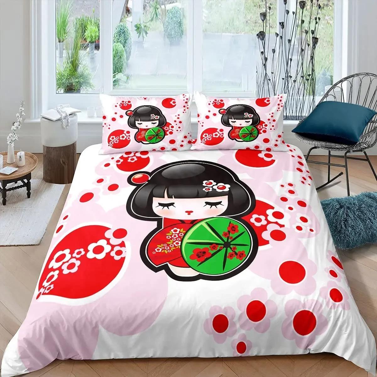 

Japanese Style Duvet Cover Koi Fish Cherry Ukiyo-E Geisha Quilt Cover Sun Crane Polyester Japanese Culture Theme Bedroom Decor EU single(135x200cm)