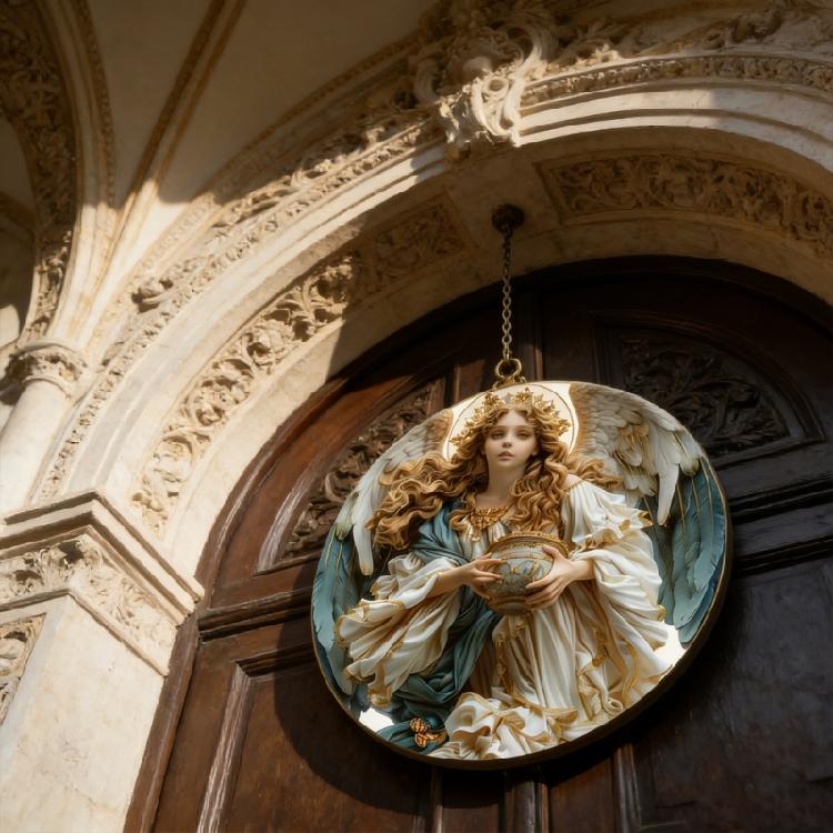Angel Reading Book Theme Wooden Hanging Sign Front Door Round Plaque For Home Holiday Garden Party Decoration Ornament