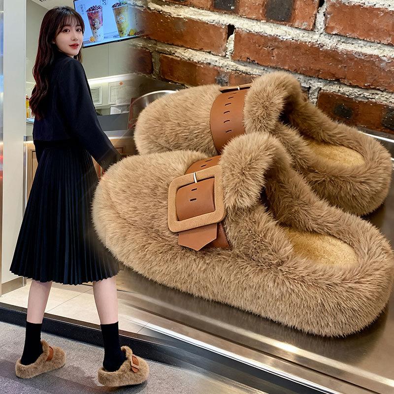 Thick-soled Fluffy Slippers for Women To Wear 2025 Autumn and Winter New Muffin Half Slippers High-end Bag Head Cotton Shoes Children