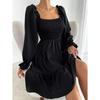 European and American French Simple Square Collar Parallel Crepe Sewing Body Ruffled Hem Dress