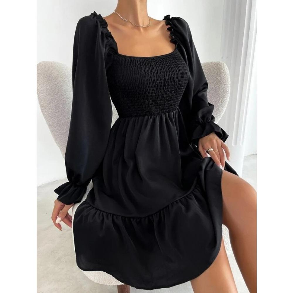 European and American French Simple Square Collar Parallel Crepe Sewing Body Ruffled Hem Dress