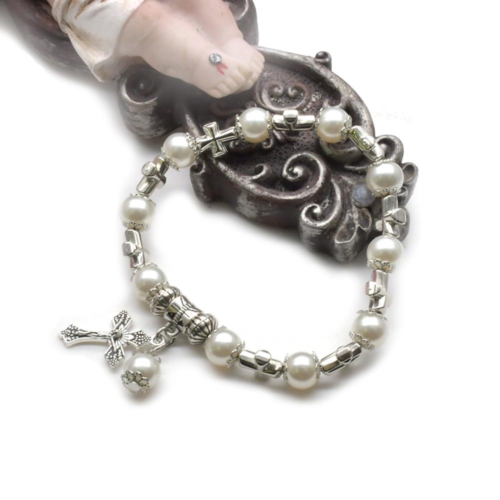 QIGO White Glass Pearl Cross Elastic Rosary Bracelets Religious Zircon For Women