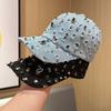 Womens Washed Denim Baseball Cap With Rhinestone Embellishment Adjustable Visor Hat