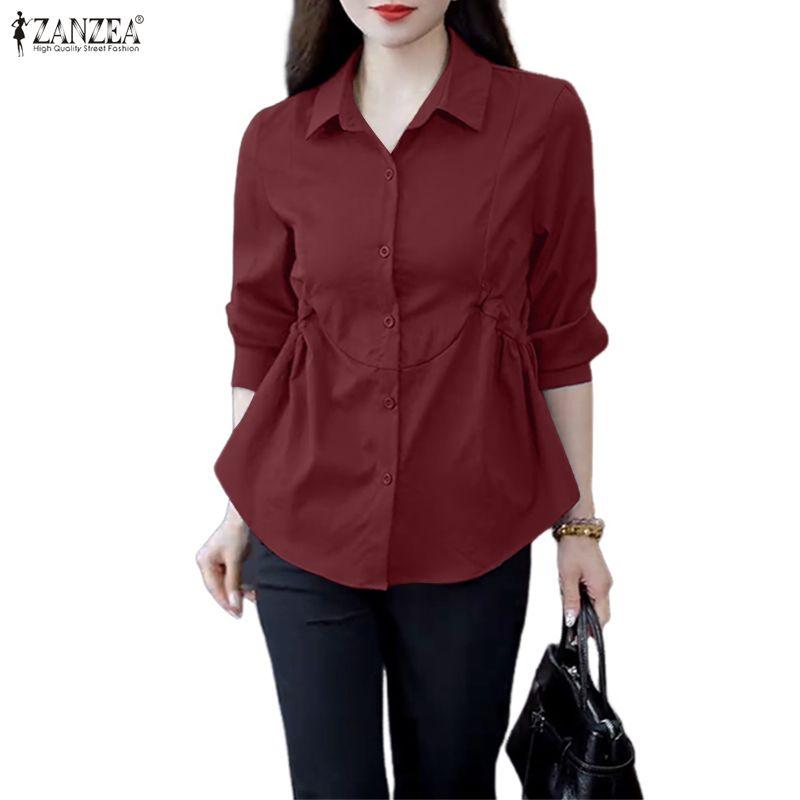 ZANZEA Women Casual Turn Down Collar Long Sleeve Plain Blouse