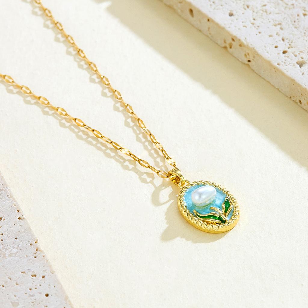 Cross-border New French Style Vintage Imitation Pearl Oil Drop Pendant Light Luxury Copper Enamel High-end Painted Flower