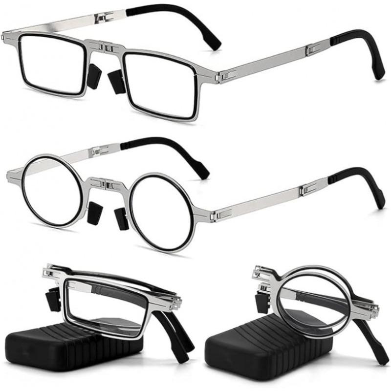 2 Pairs of Anti Blue Light Reading Glasses Round Full Frame Anti Farsightedness Lightweight Stainless Steel Portable Case