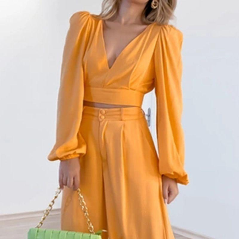 Women's V-neck Long Sleeve Shirt High Waist Wide Leg Pants Fashion Casual Set V-Neck Two-Piece Set