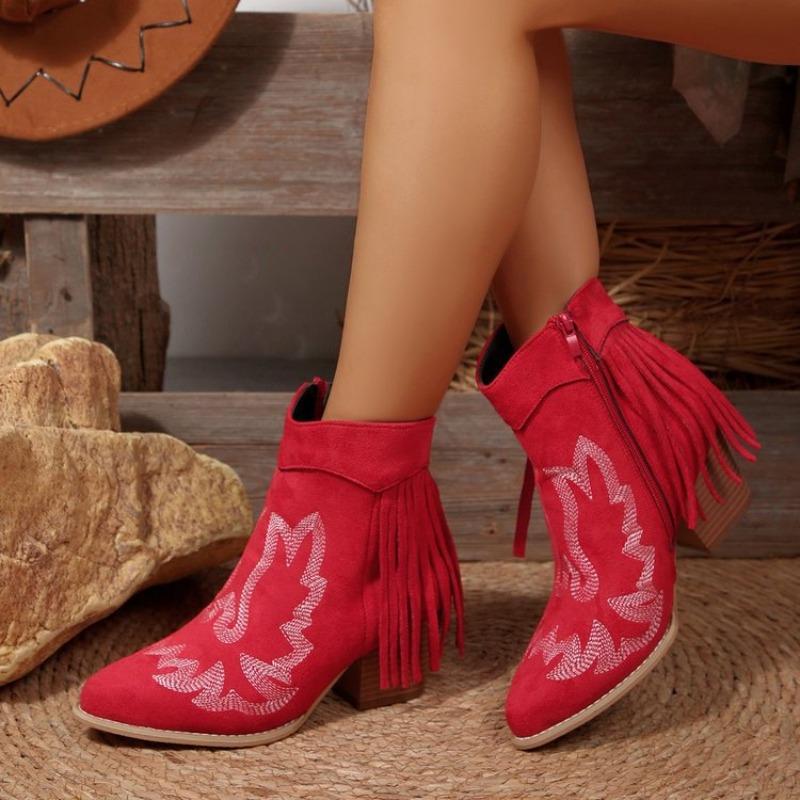 Plus Size Printed Side Zipper Knight Boots Fall and Winter New Fringed High Heels Low Top Wear Women's Boots