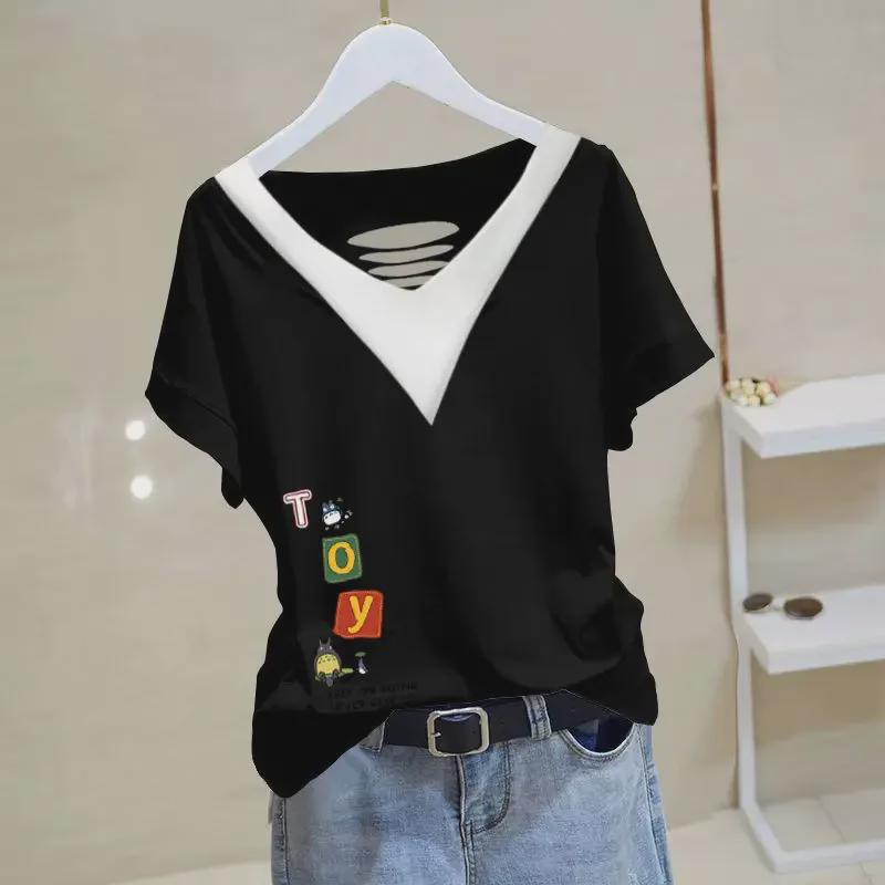 

Женский летний хлопковый топ с V-образным вырезом и короткими рукавами 2024 - Универсальная, свободная, стройнящая, больших размеров, шикарная футболка в корейском стиле L