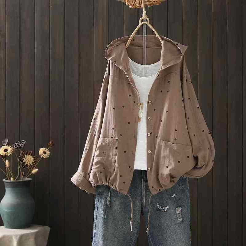 Vintage Polka Dots Print Hoodies Women Double Layers Cotton Yarn Long Sleeve Hooded Cardigan Shirts and Blouses