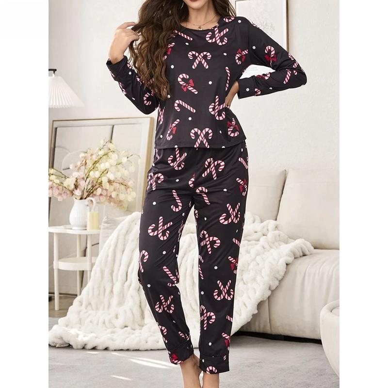 Christmas Printing Black Long Sleeves Full Pants Pijama Spring Milk Silk Sleepwear Loungewear Autumn Women Pajama Set