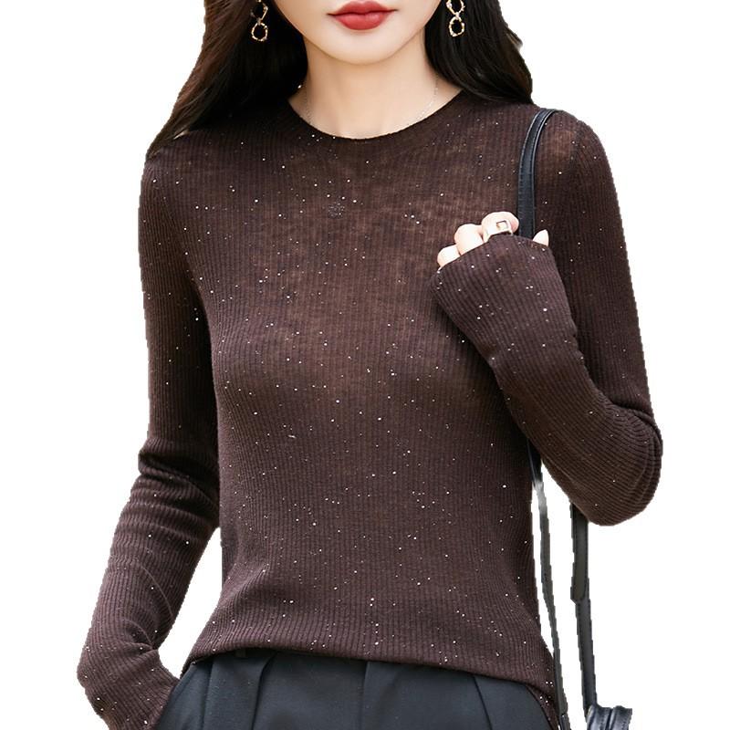 Crew Neck Sweater Women'S Autumn And Winter New Wool Pullover Bottoming Shirt Top Wear Versatile Long-Sleeved Bead Knitted Sweater