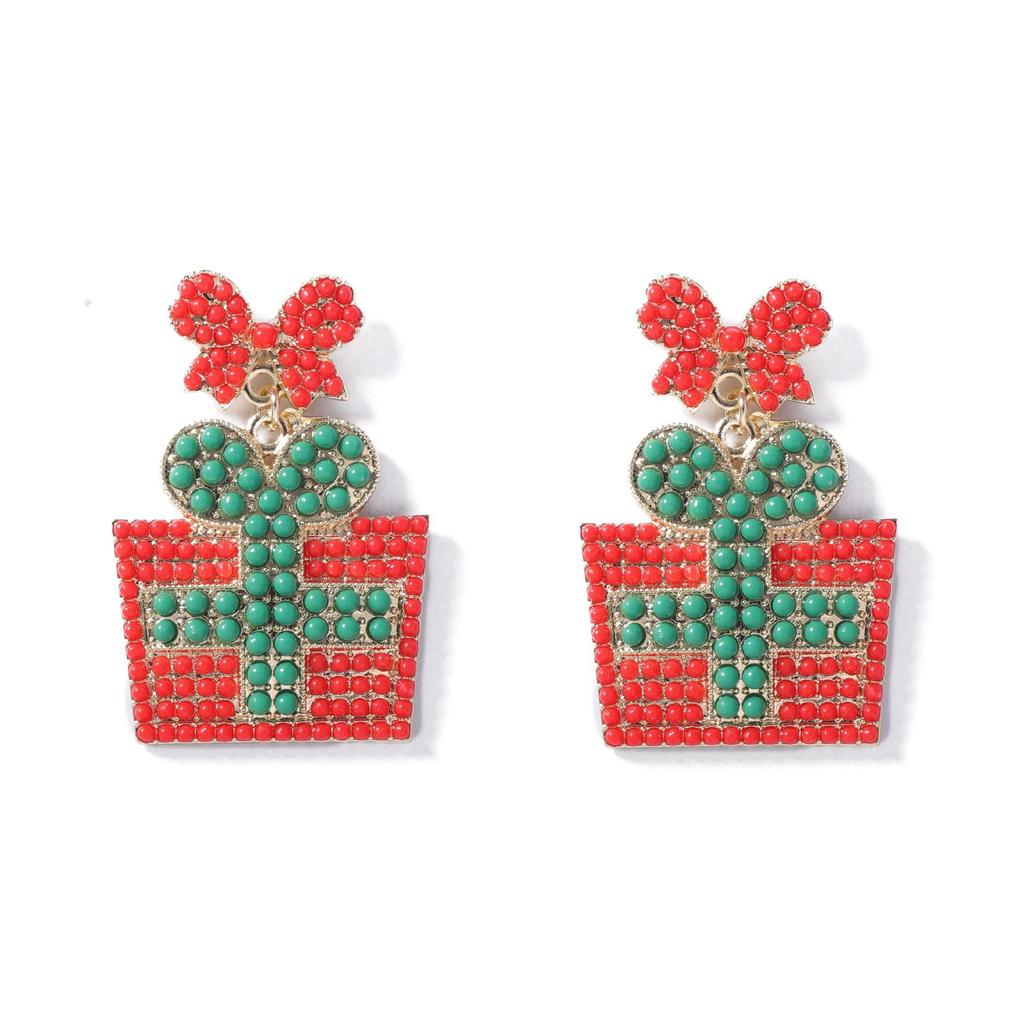 European-American Christmas Design Earrings: Diamond & Rice Bead Inlaid, Fashion Niche Style.