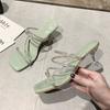 Fashion New Summer Slippers Women's Fashion Square Head Open Toe Rhinestones with A Slip-on Non-slip Wear-resistant High Heels