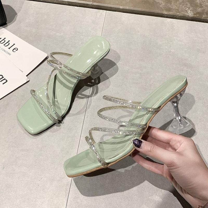 Fashion New Summer Slippers Women's Fashion Square Head Open Toe Rhinestones with A Slip-on Non-slip Wear-resistant High Heels
