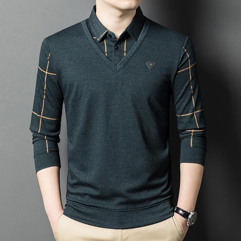 Pánské tričko s dlouhým rukávem Jaro a Podzim Nové Falešné dvoudílné Pánské košile Límec Kostkované Ležérní pro střední věk Spodní tričko pro muže