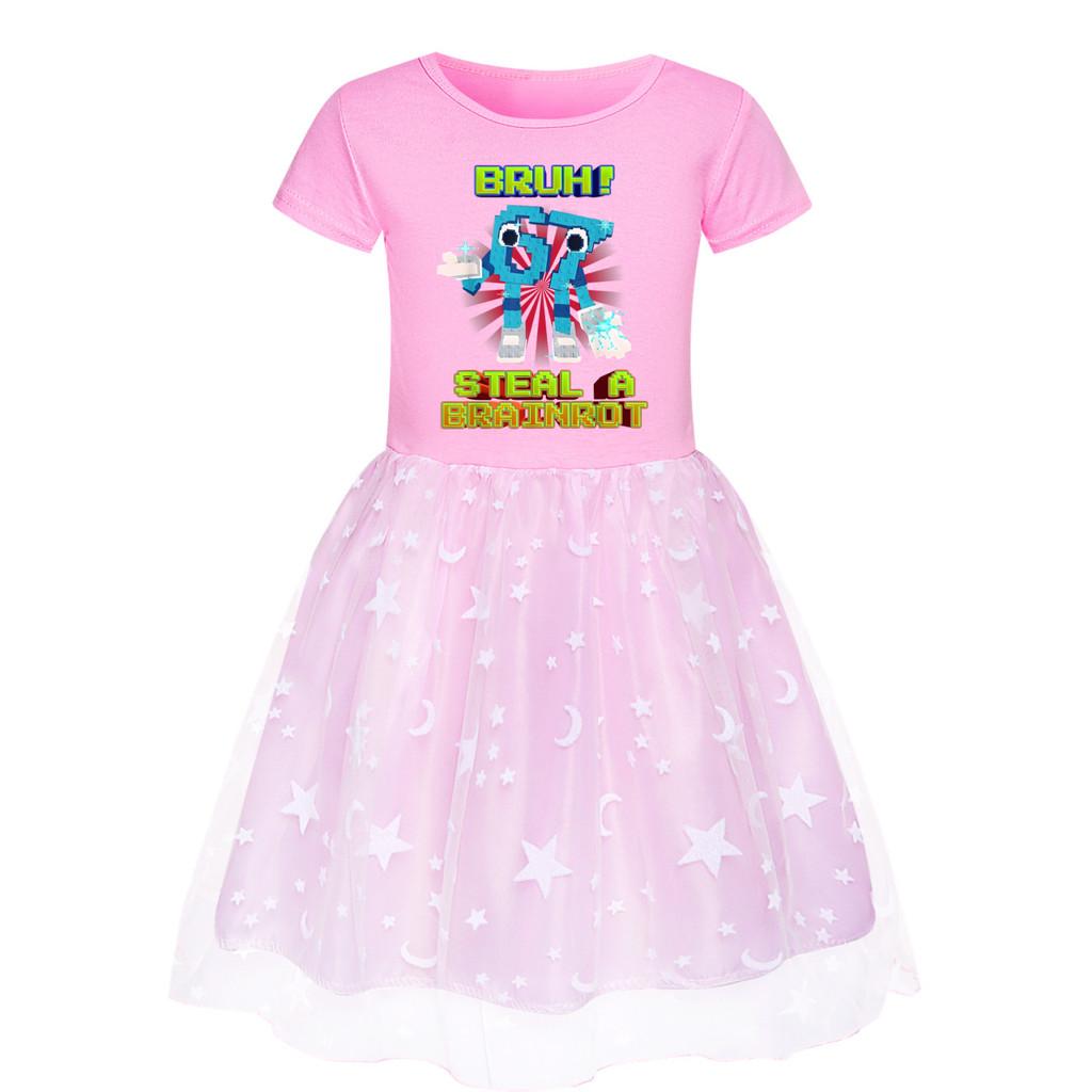 5194 Kinder Mädchen Steal a Brainrot 67 Six Seven Print Mesh Regenbogen Rundhals Lässig Lässig Baumwollkleid