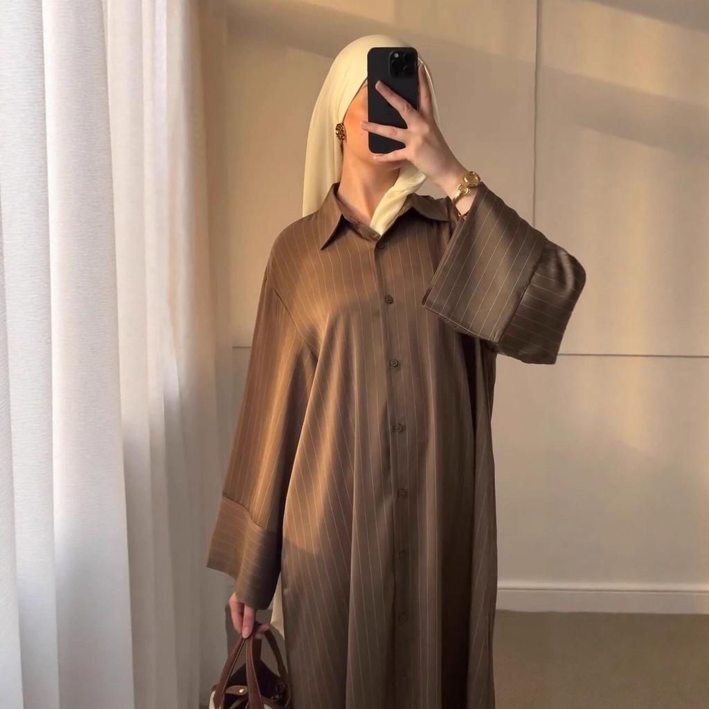 Mittlerer Osten Arabisch Dubai Türkisch Damen Frühling Neue Mode Gestreift Einreihig Hemdkleid