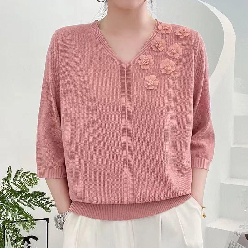 Spring Summer Women's Thin V-Neck Sweater 3D Flower Loose Fit Three-Quarter Sleeve Plus Size Sweater Solid Color Pullover Ice Silk Knit Top