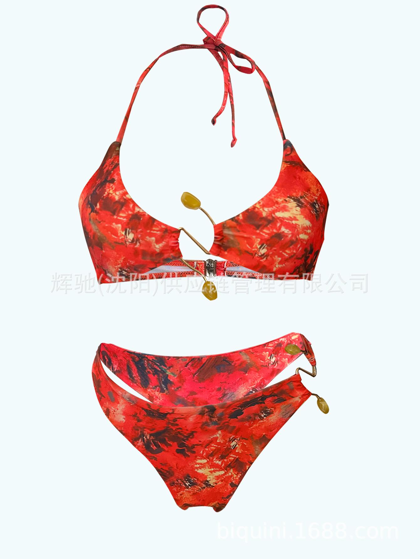 

Европейско-американский дизайнерский купальник бикини с раздельным купальником и металлическими аксессуарами - Женская пляжная одежда для вечеринок Large цветочные печати