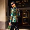PYJTRL Mens Fashion Gold Leaves Pattern Blue Green Shiny Sequin  Suit Jacket Blazer