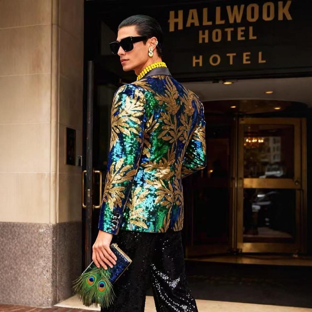 PYJTRL Mens Fashion Gold Leaves Pattern Blue Green Shiny Sequin  Suit Jacket Blazer