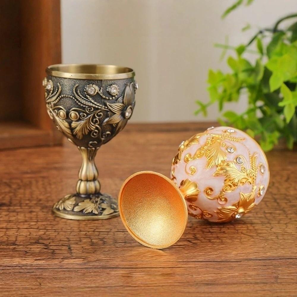 Flower Embossed Metal Chalice Goblet Rhinestone Decorative Vintage Wine Cup European Style Medieval Vodka Champagne Liqueur Cup