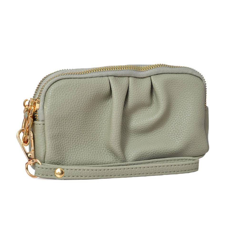 

Portable PU Leather Women Long Wallet Double layer Large Capacity Shopping Wrist Bag Zipper Solid Color Handbag зелёный