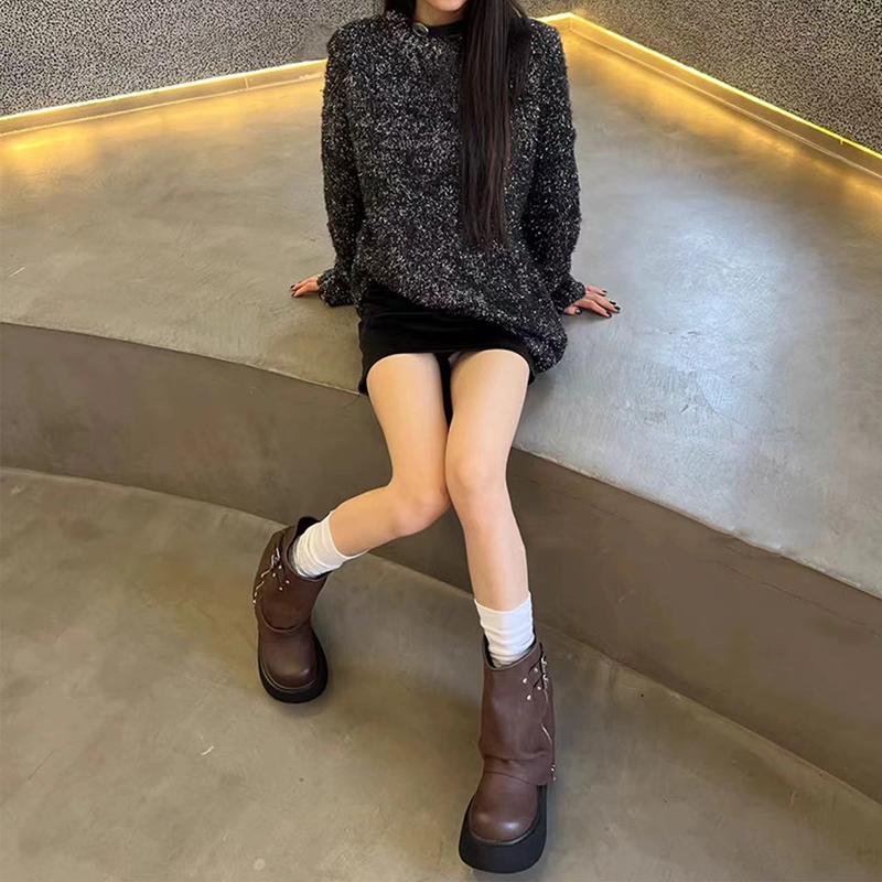 Soft Ankle Mid Calf Boots Winter Autumn High Platform Wedge Booties Woman Chunky Motorcycle Boots