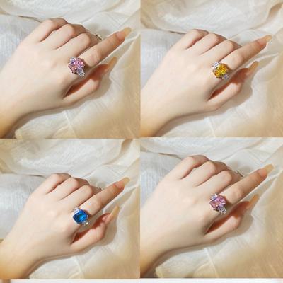 Fashionable European and American Style New Style Overturned Stone Inlaid Pink Diamond Ring Niche Design Square Ring