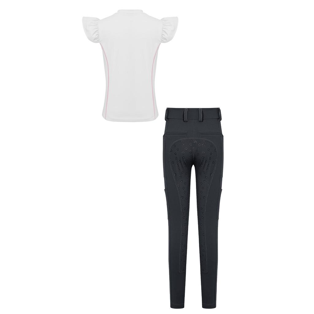 Mädchen Reitsport Reiten Reißverschluss Stehkragen Rüschenärmel Kontrastbesatz Oberteil Anti-Rutsch Vollbesatz Reithose Outfit