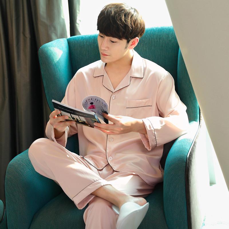 Gui Xiu Unisex Faux Silk Pajamas Long Sleeve Set - Two-Piece Spring/Summer Loungewear