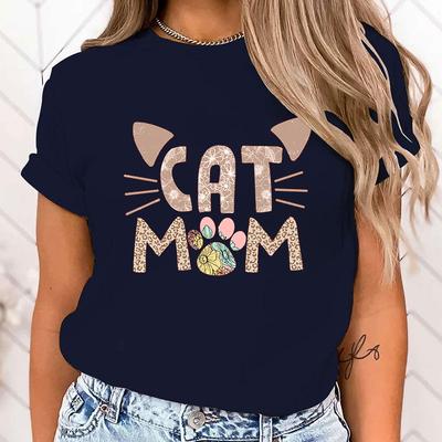 (Kläder av hög kvalitet)Mode Kattmamma Tryckta T-shirts Retro Stil Dam Skjorta T-shirt Kattmamma Grafisk T-shirt Kvinna Casual Toppar